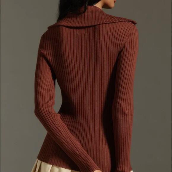♥️ Anthropologie Maeve Brown Fitted Half Zip Ribbed Sweater Size Small - Picture 2 of 8
